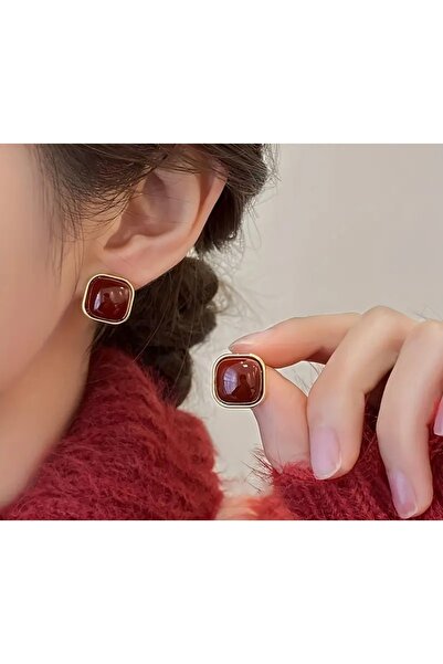 ega collection Bordo Gold Detaylı Bombeli Kare Küpe