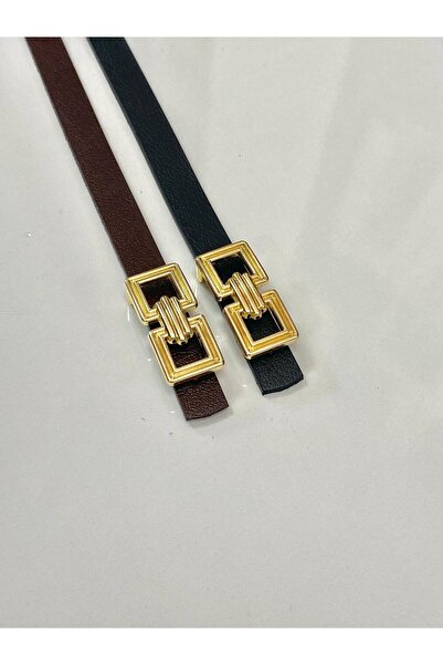 Kemerix 100% Genuine Leather Thin Black-Brown Set of 2 Gold Buckle Women's Belts