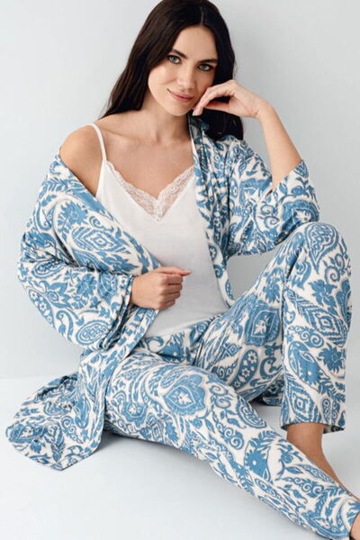 Pierre Cardin Three-Piece Pajama & Robe Set, Ribbon Tie, String Straps, V-Neck Lace, Patterned, Cotton & Modal