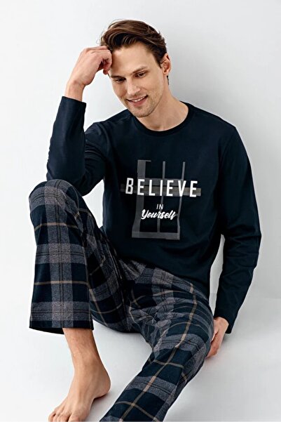 Arnetta %100 PAMUK BİSİKLET YAKA UZUN KOLLU ALTI EKOSE DESEN ERKEK PİJAMA TAKIM