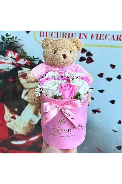 velve Ανθοσυνθεση με μπεζ/ροζ αρκουδάκι, 9 σαπουνένια τριαντάφυλλα σε στρογγυ...