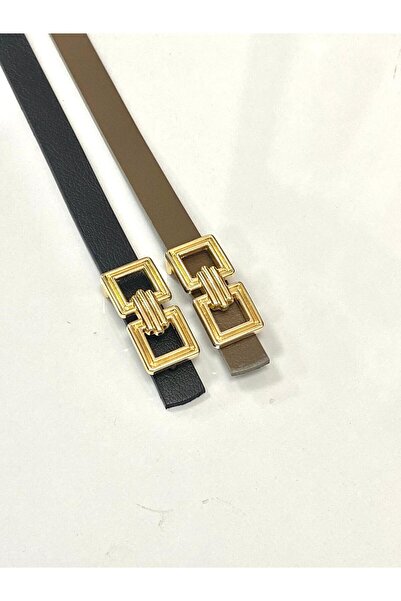Kemerix 100% Genuine Leather Gold Buckle Thin Black-Mink Set of 2 Women's Belts