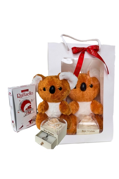 velve Pachet Valentine,Plush Koala 25cm, praline,trandafir de sapun in cupola, lantisor inox,Portocaliu