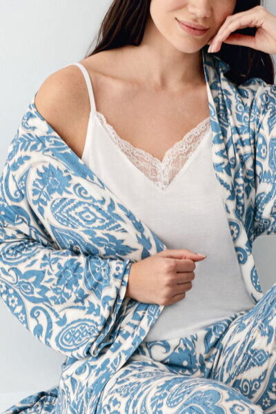 Pierre Cardin Three-Piece Pajama & Robe Set, Ribbon Tie, String Straps, V-Neck Lace, Patterned, Cotton & Modal