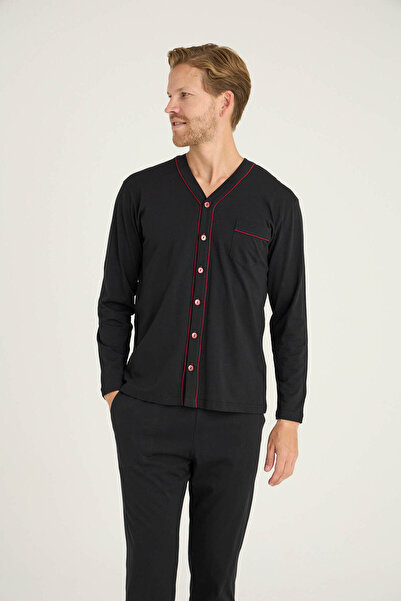 KLY Men's V-Neck Buttoned Pajama Set Comfortable Sleepwear