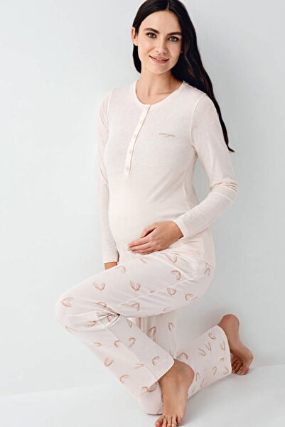 Pierre Cardin Hamile & Lohusa Pijama Takımı, Kolay Emzirme Düğmeli Yaka, Cepli, Desenli, %50 Pamuk, %50 Modal
