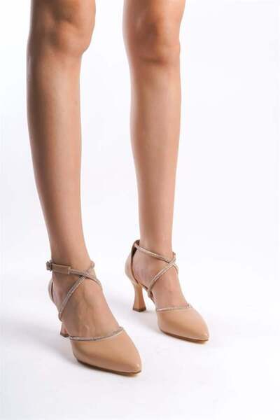 Les Passent Women's Nud Skin Stone Detailed Heeled Shoes