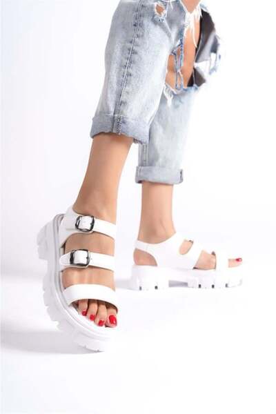 Les Passent Women's white high three band ankle strap sandals 970