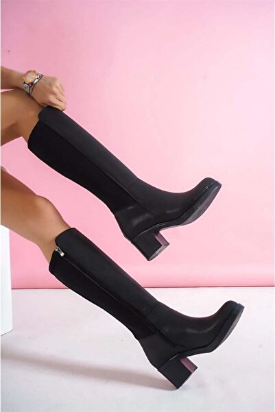 Les Passent Kadın Siyah Cilt Topuklu Arka Dalgıç Kumaş Çizme
