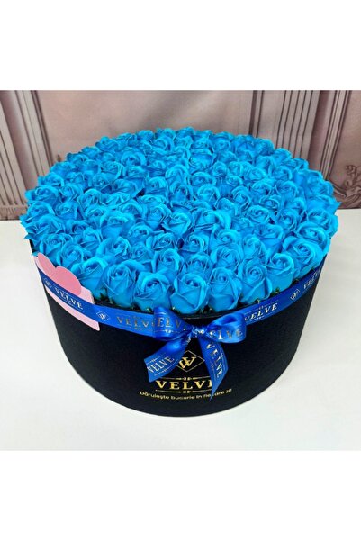 velve Aranjament floral 101 trandafiri din sapun, in cutie cadou cu felicitare personalizata, Albastru