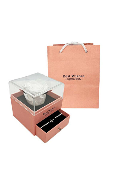 velve Trandafir criogenat in cutiuta somon, cu sertar si bratara, alb, Alb