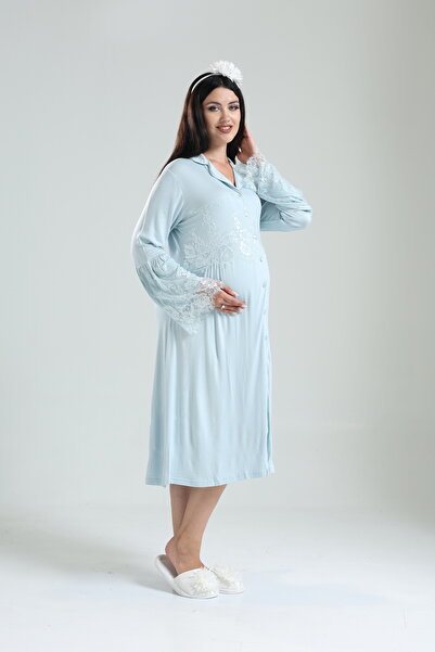 Lohusa Dünyasi Kadın Önden Düğmeli Dantelli Lohusa Hamile Tek Gecelik