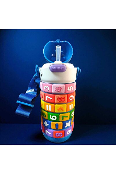 Vagonlife Colorful Numbers and Shapes Educational Water Bottle – Steel Water Bottle / Flask for Children with Carrying Strap 430ml