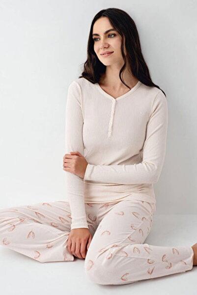 Pierre Cardin Pleated (Buttoned) Collar, Pocketed, Women's Pajama Set, Long Sleeve, Pink, Patterned, Viscose Blend