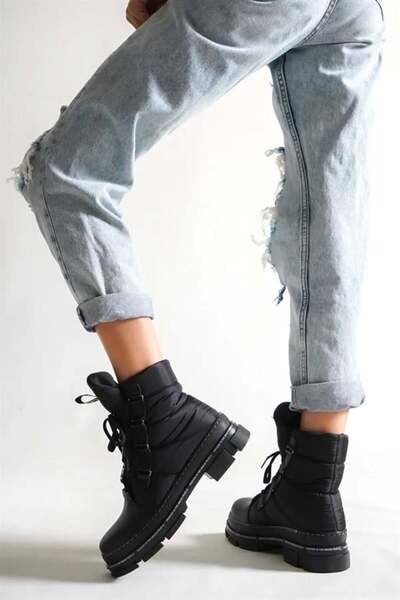 Les Passent Γυναικείες μαύρες υφασμάτινες μπότες χιονιού από ύφασμα αλεξίπτωτου