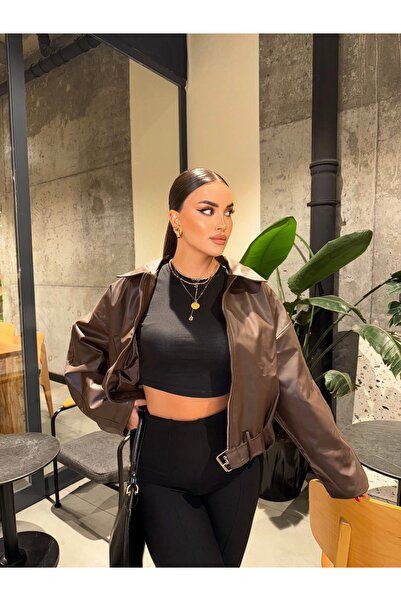 mekabutik Jachetă din piele oversize cu detaliu curea maro