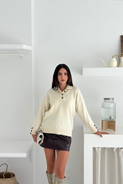 Noi Belis Stand Collar Half Placket Button Soft Textured Knitwear Sweater Aw25Kz0021