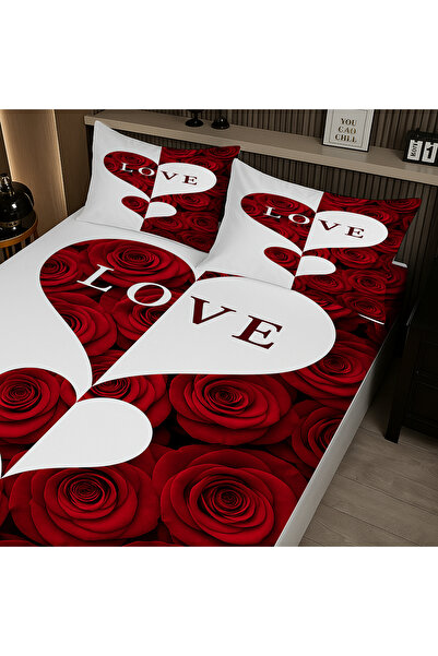 3D ELSE HALI Red and White Heart Love Floral Pattern Elastic Double Bed Sheet Set with Pillowcases 160X200Cm