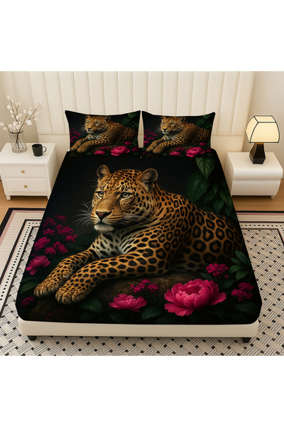 3D ELSE HALI Leopard Rose Patterned Elastic Double Bed Sheet Set with Pillowcases 160X200Cm
