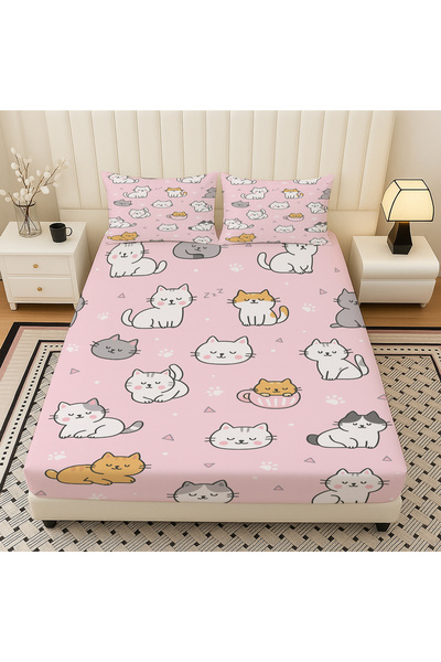 Else Dekor Pink Cute Cats Patterned Elastic Double Sheet Set with Pillowcases 160X200Cm