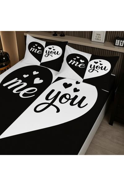 3D ELSE HALI Black and White Heart Patterned Elastic Double Bed Sheet Set with Pillowcases 160X200Cm