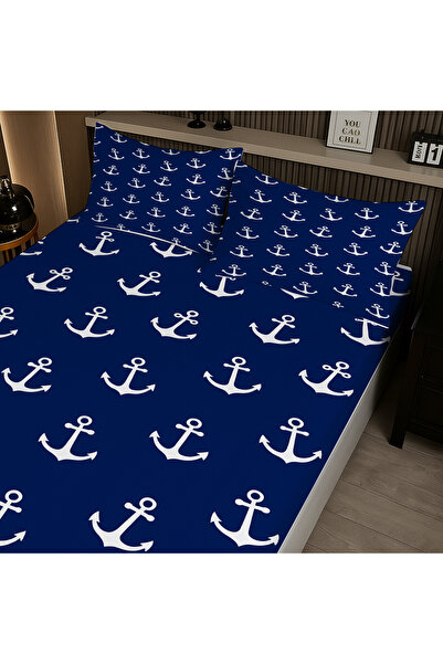 3D ELSE HALI Blue Sailor Anchor Patterned Elastic Double Sheet Set with Pillowcases 160X200Cm
