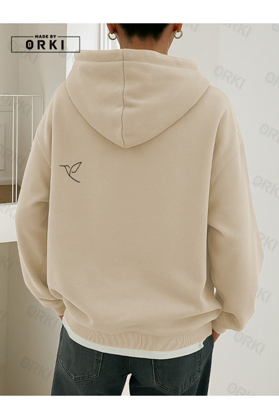 EFFRENATU Women's Oversize Hoodie Beige – Birdline Minimal Bird Detail, Relax Fit