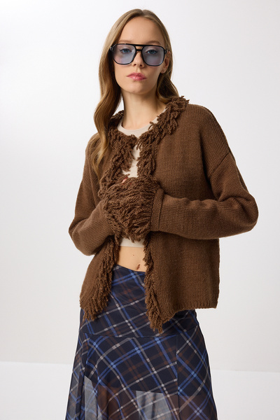 Lovelyİstanbul Fringed Knitwear Cardigan Lki̇0040 Brown
