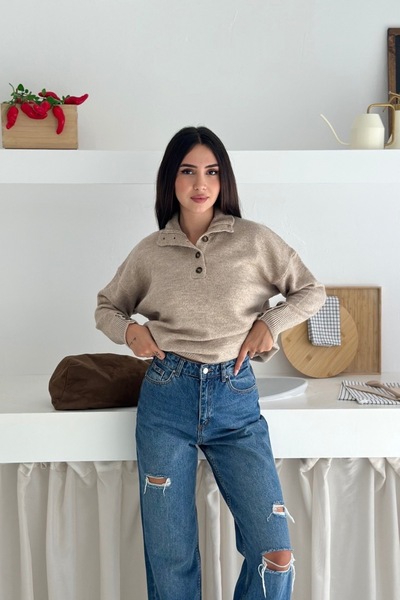 Noi Belis Stand Collar Half Placket Button Soft Textured Knitwear Sweater Aw2...