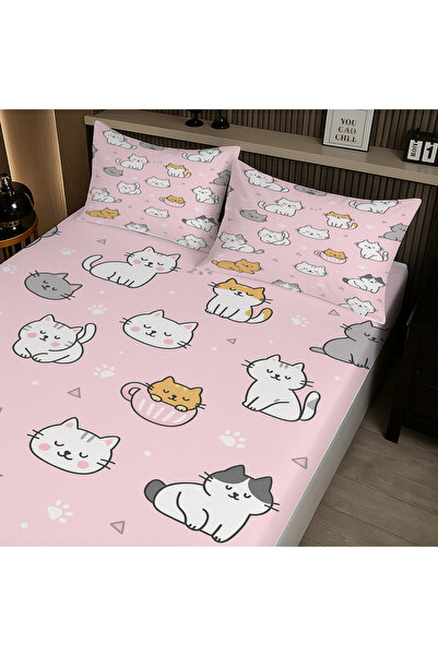Else Dekor Pink Cute Cats Patterned Elastic Double Sheet Set with Pillowcases 160X200Cm