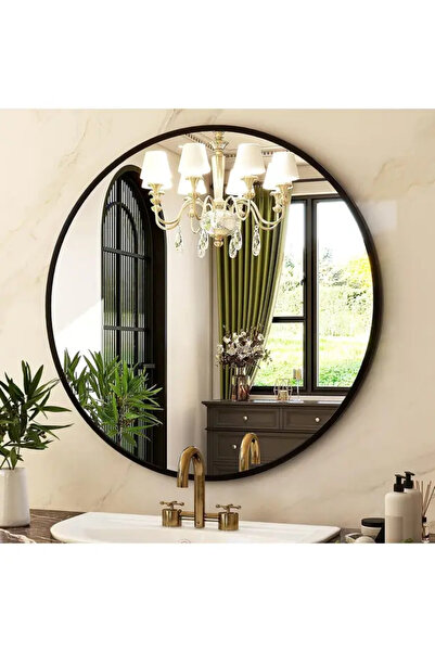 Crestj Elegant round wall mirror with black frame, size 100 cm