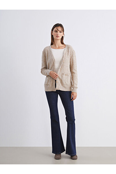 LC Waikiki Beige V-Neck Textured Women's Knitwear Cardigan