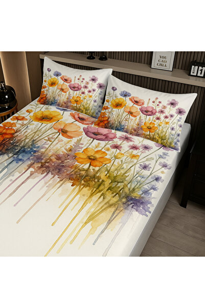 Else Dekor طقم ملاءات سرير مزدوجة مرنة بنمط زهور الألوان المائية مع غطاء وسادة 160×200 سم