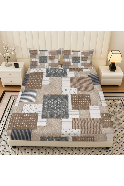 Else Dekor Brown Geometric Retro Patterned Elastic Double Bed Sheet Set with Pillowcases 160X200Cm