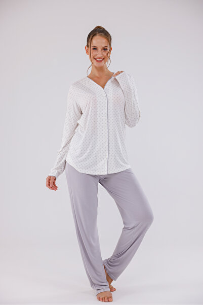 Yulem Homewear Gray Front Buttoned Polka Dot Plus Size (Oversized) Long Sleeve Cotton Pajama Set