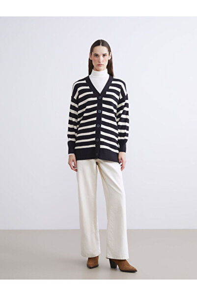 LC Waikiki V-Neck Striped Women's Knitwear Cardigan