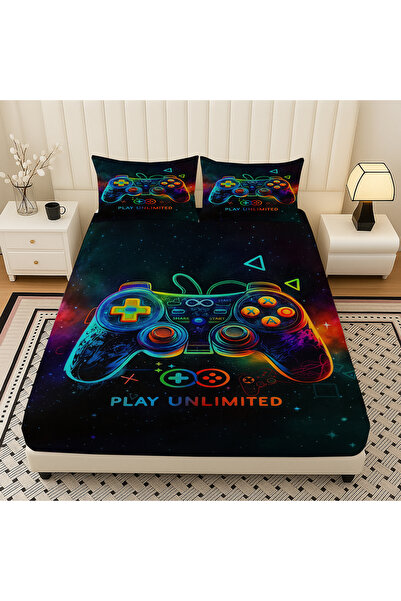 3D ELSE HALI Game Console Joystick Gamer Patterned Elastic Double Bed Sheet Set with Pillowcases 160X200Cm