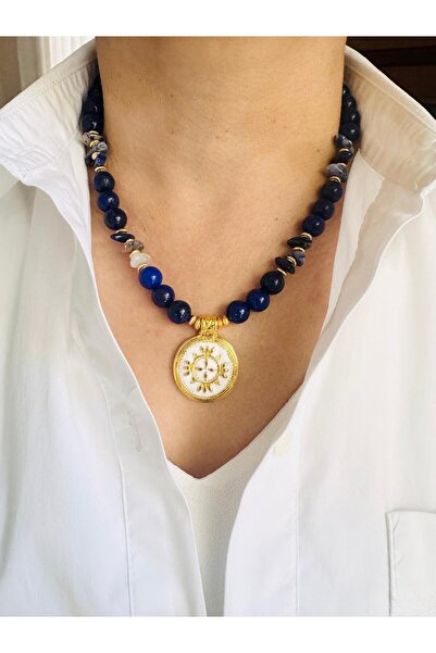 DEVİ fashion قلادة عتيقة من حجر اللازورد والسوداليت الطبيعي مقاس 48 سم