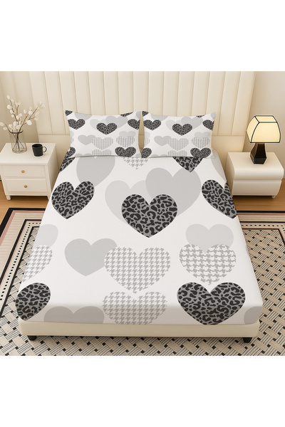 Else Dekor Gray Black Hearts Patterned Elastic Double Bed Sheet Set with Pillowcases 160X200Cm