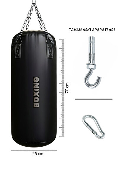SAVUR Boks Torbası Zincirli Tavan Askı Aparatlı İçi Dolu Siyah Kum Torbası 70x25cm