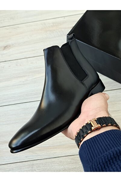 Özel Yapım Siyah Hakiki Deri Chelsea İtalyan Model Klasik Kesim Erkek Bot