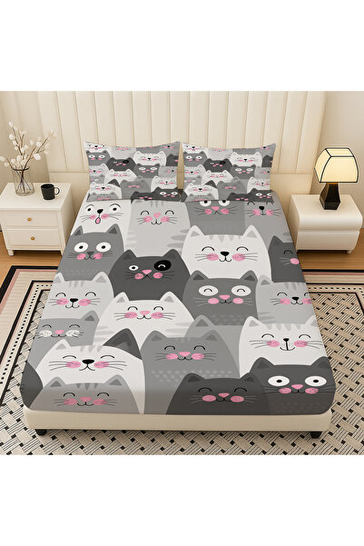 3D ELSE HALI Gray and White Cats Patterned Elastic Double Sheet Set with Pillowcases 160X200Cm
