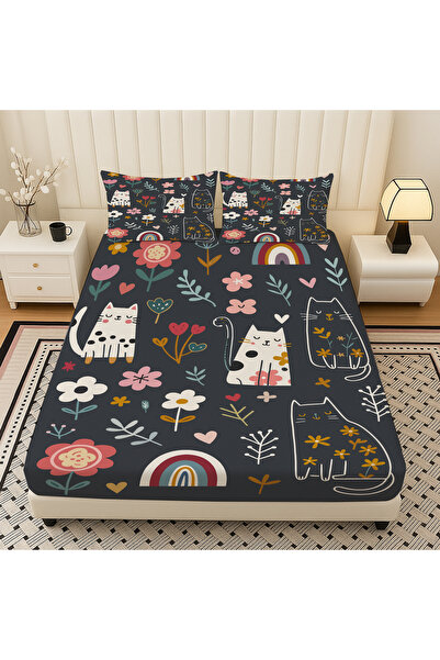 Else Dekor طقم ملاءات سرير مطاطية منقوشة على شكل قطة غامضة مع غطاء وسادة مقاس 160 × 200 سم