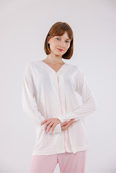 Yulem Homewear Powder-Colored Button-Front Polka Dot Plus Size (Oversized) Long Sleeve Cotton Pajama Set