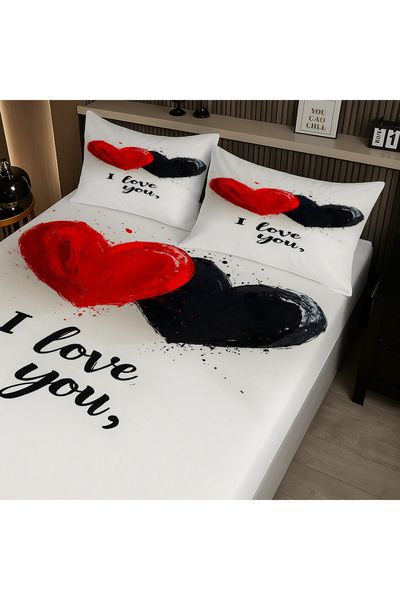 3D ELSE HALI Love You Hearts Patterned Elastic Double Sheet Set with Pillowcases 160X200Cm
