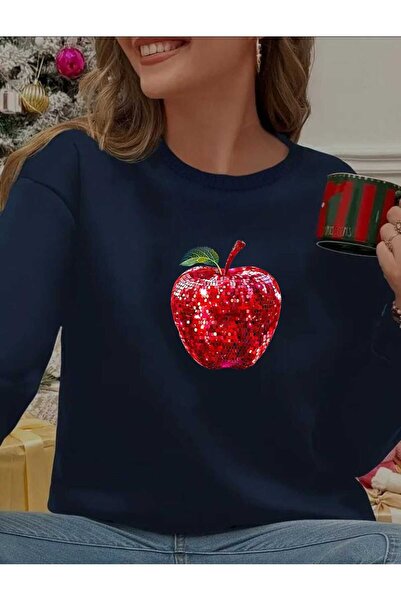 tkn your style سويت شيرت كبير الحجم بتصميم مطبوع عليه تفاحة مزين بالترتر للجنسين