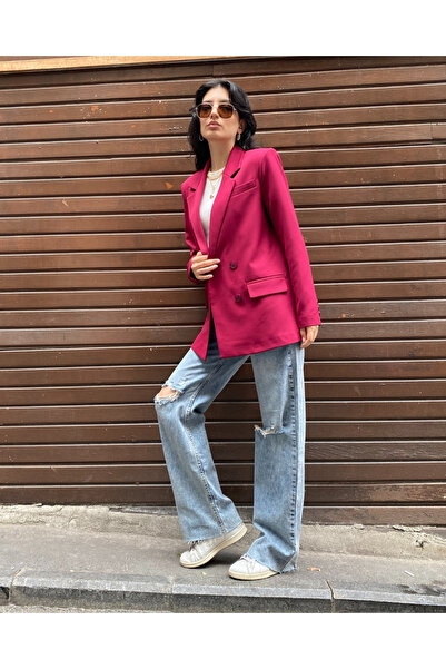 deqfashion Kadın Mürdüm Kruvaze Düğme Detaylı Oversize Blazer Ceket