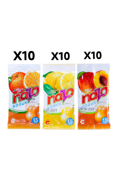 NAZO Toz İçecek 10 Adet Portakal-10 Adet Limon-10 Adet Şeftali (9 gr x 30 Adet)