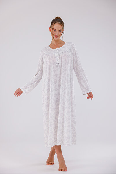 Yulem Homewear Gray Patterned Plus Size (Oversized) Cotton Long Sleeve Nightgown