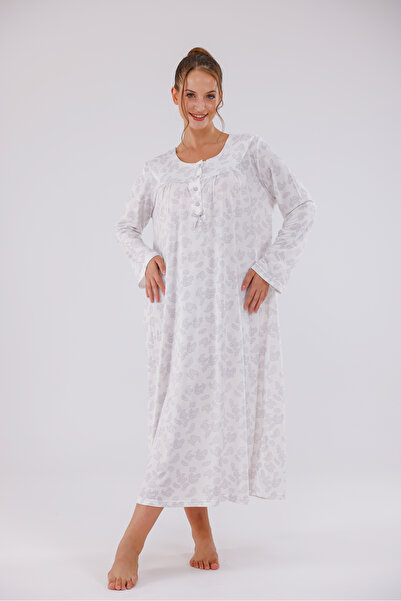 Yulem Homewear Gray Patterned Plus Size (Oversized) Cotton Long Sleeve Nightgown